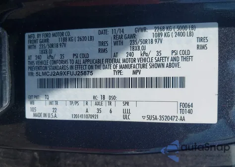 2015 Lincoln Mkc from USA, damaged, VIN 5LMCJ2A9XFUJ25875